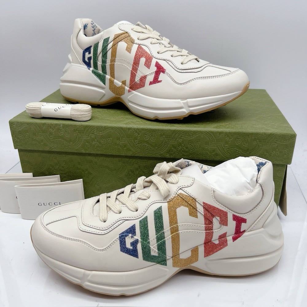 Gucci Rhyton Platform Calfskin Glitter Logo Womens Sneakers Mystic White EU 41